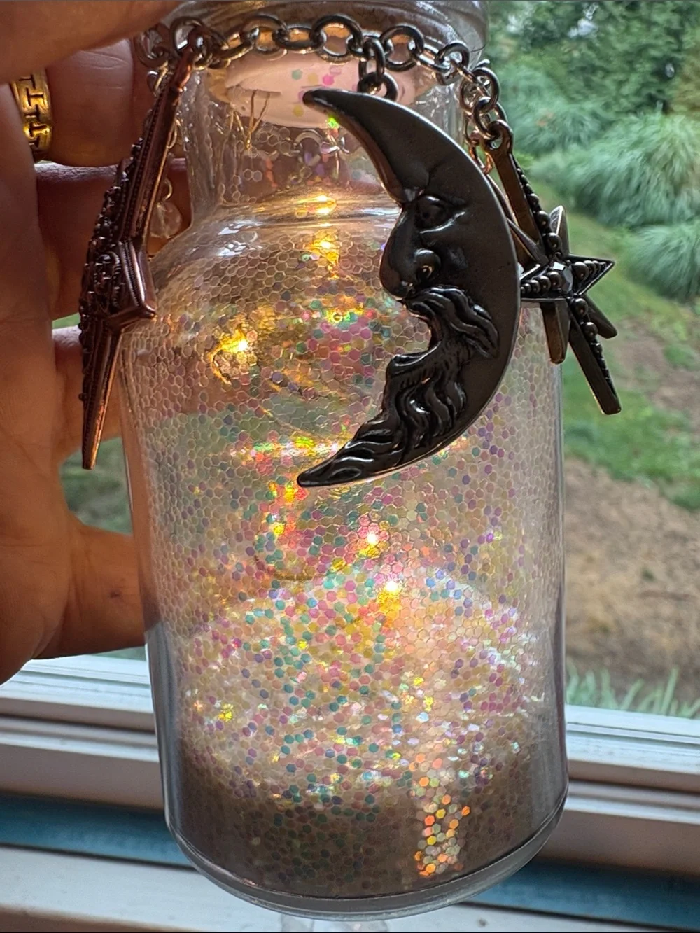 Kirk’s Folly Celestial Moon & Star Hanging Jar Lantern - Iridescent White